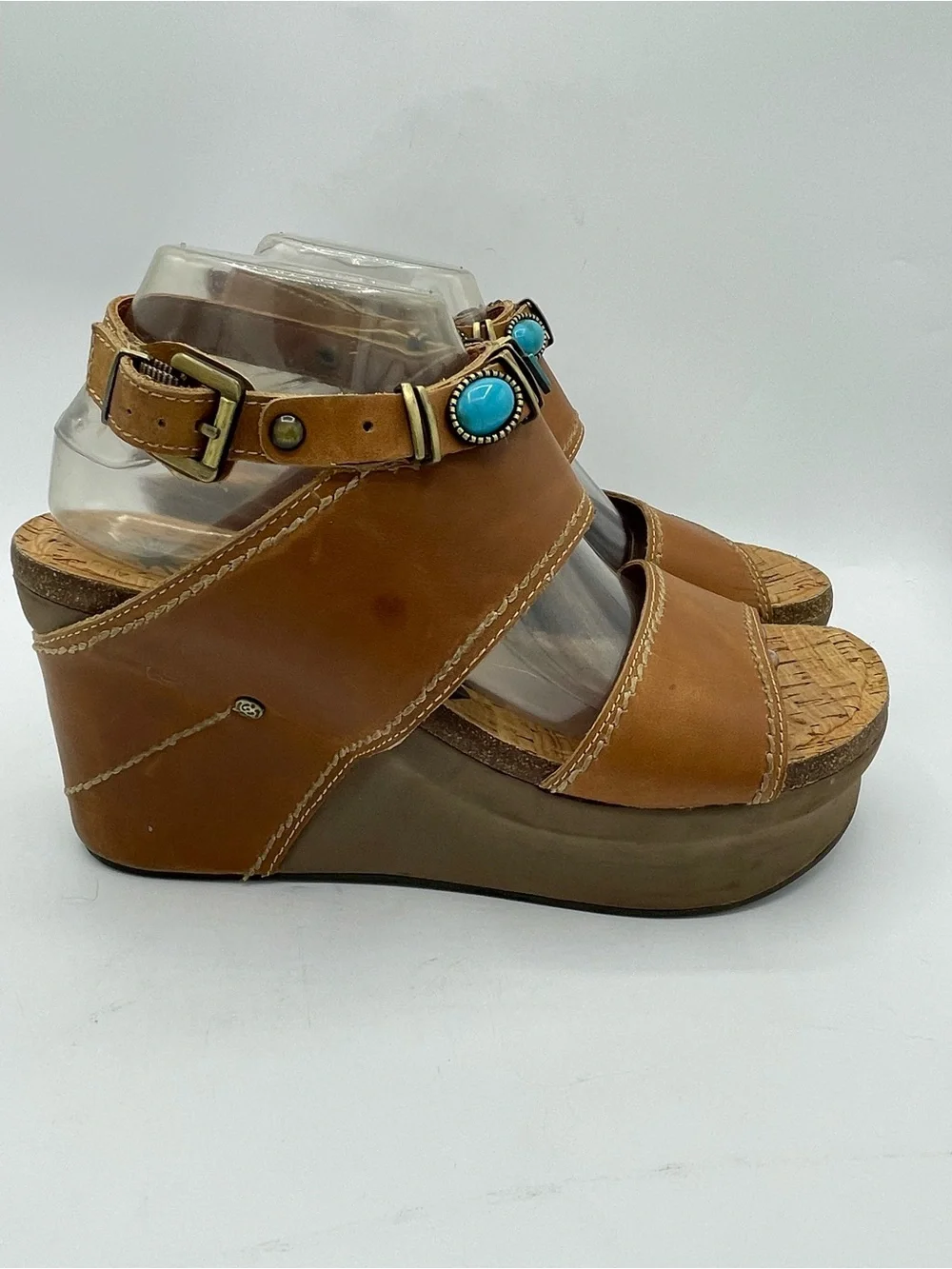 OTBT Layover Brown Leather Wedge Sandals with Turquoise and Metal Stone Accents.